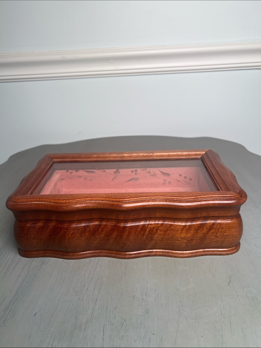 Vintage walnut etched glass jewelry/watch/treasure box. Beautiful curved lines.